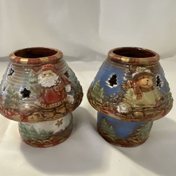 2 Kirklands Potters Garden Christmas Tealight Holder Woodland Santa Snowman‎ - Picture 1 of 15